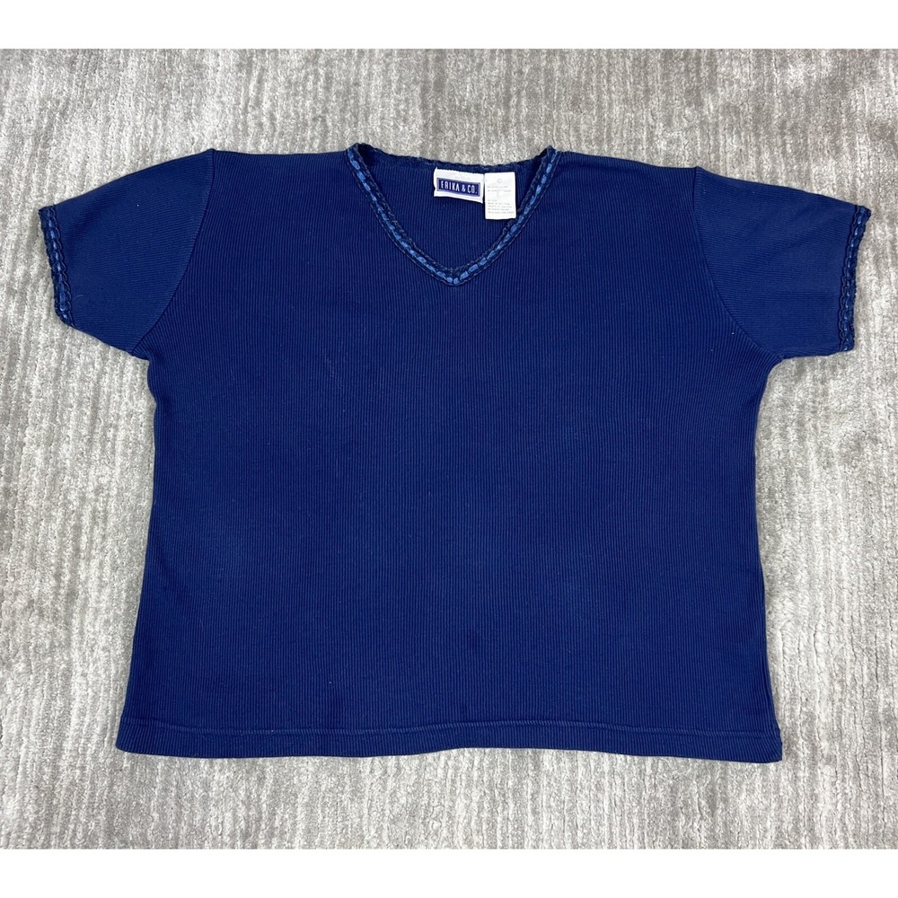 Erika & Co T-Shirt Womens Large Navy Blue Ribbed V-Neck‎ Crochet Trim Casual Top